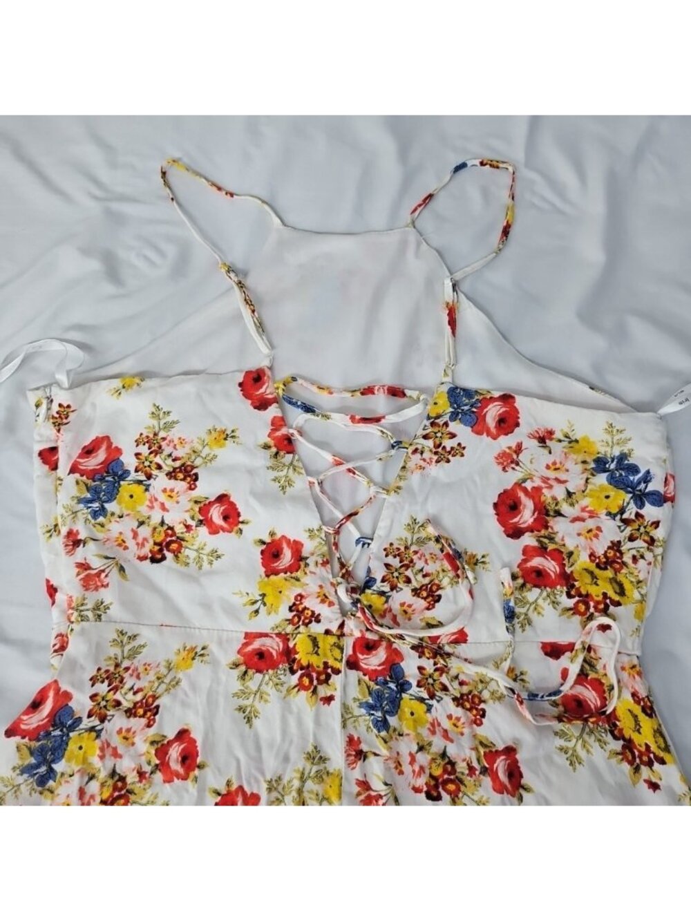 Iris Floral Fit & Flare Sundress Womens L Lace Up Back Cottagecore Boho Mini Dre - Picture 16 of 16